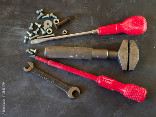 set of tools on wood photo