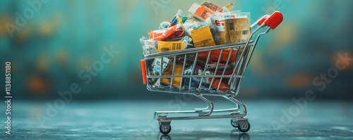Shopping cart filled with counterfeit goods, representing online marketplace fraud and fake products