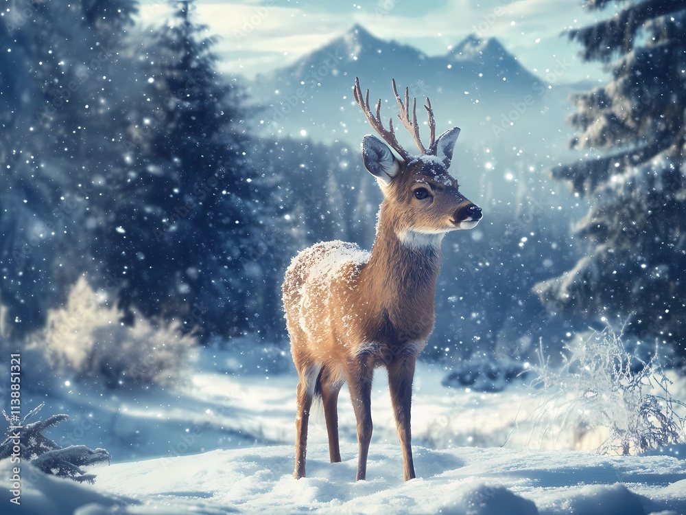 Obraz premium Deer among snow-covered pines and mountains.