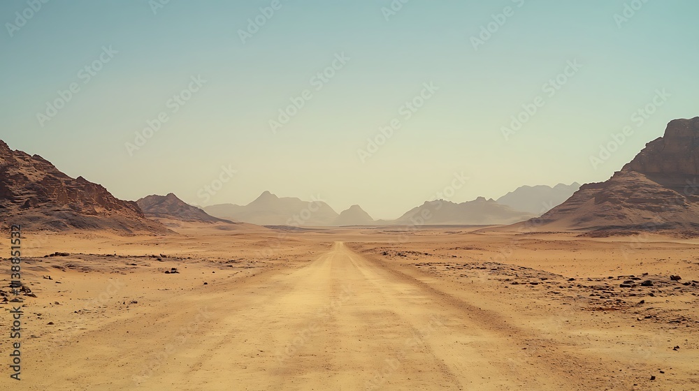 Naklejka premium Dusty off road landscape, old road passing through mountain and desert natural view