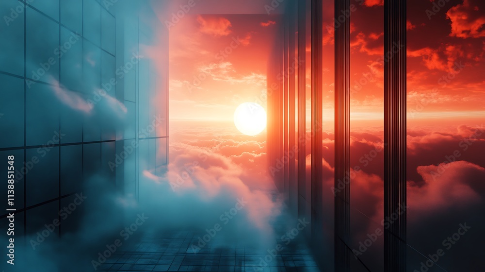Sunrise Above the Clouds from a Modern Skyscraper. Concept of Urban Skyline, High Rise Architecture, and Aerial View. Sunrise Above the Clouds from a Modern Skyscraper. Concept of Urban Skyline, High Rise Architecture, and Aerial View.