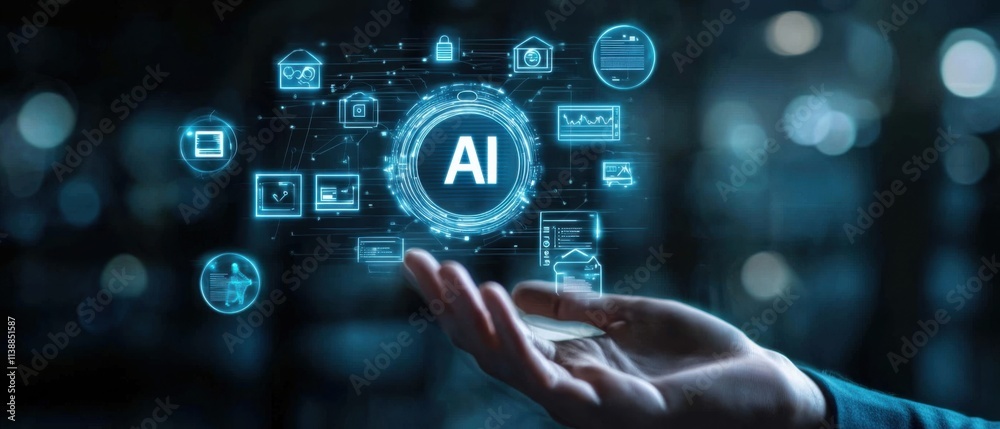 Futuristic AI Technology Hologram in Hand, Digital Transformation Concept Futuristic AI Technology Hologram in Hand, Digital Transformation Concept