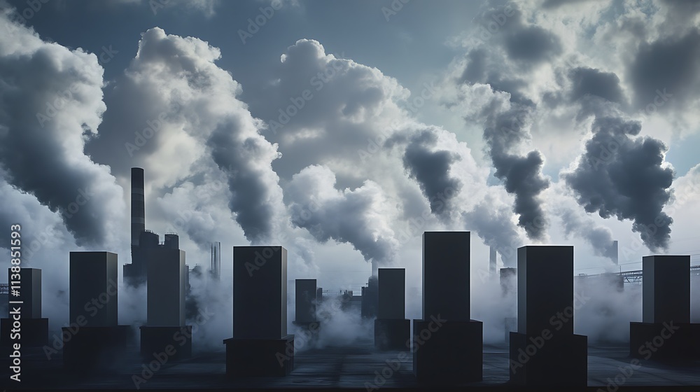 Industrial landscape of refinery with heat towers and smoke getting out of the towers, chemical factory products and pollution caused by them damaging environment Industrial landscape of refinery with heat towers and smoke getting out of the towers, chemical factory products and pollution caused by them damaging environment