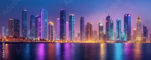 Wallpaper Mural Sci-fi Cityscape with Purple and Cyan Neon lights. Night scene with Visionary Skyscrapers. Torontodigital.ca