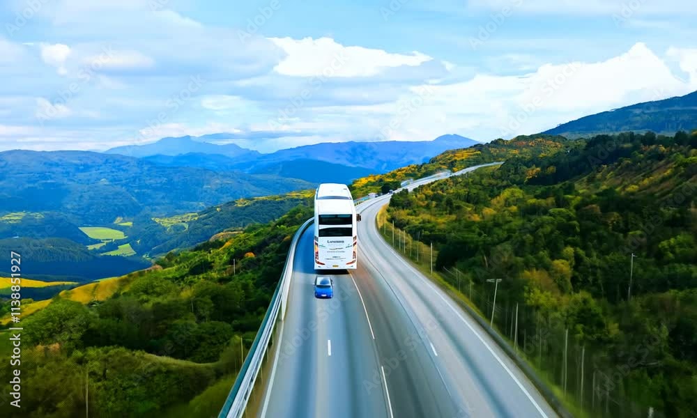 Scenic highway with a bus and car surrounded by mountains.