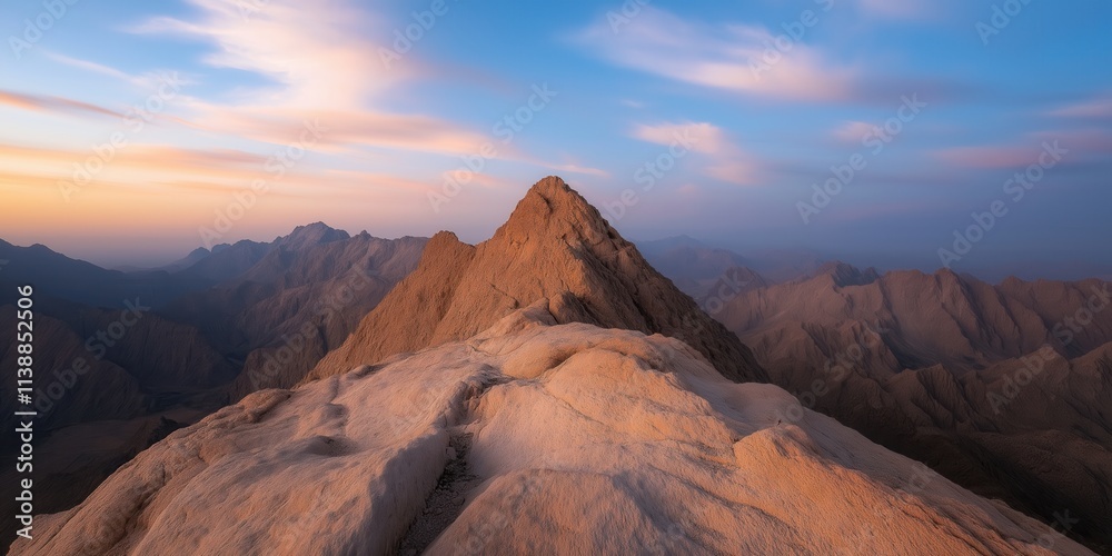 Naklejka premium An expansive landscape shot of the dry, wind-carved peaks of the Arabian Peninsula under a soft twilight sky