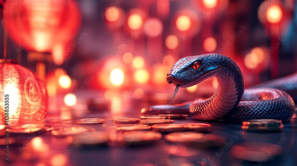 Black Snake Amidst Red Lanterns and Gold Coins Black Snake Amidst Red Lanterns and Gold Coins
