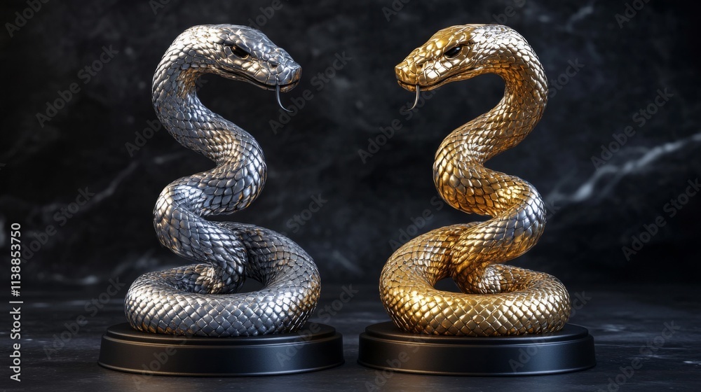 Fototapeta premium Two Metallic Snakes Face Each Other In Confrontation