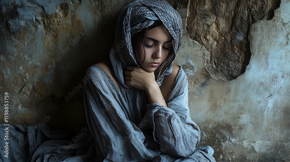 Sadness, Loneliness, and Reflection. Young Woman in Gray Clothing, Emotional Portrait. Sadness, Loneliness, and Reflection. Young Woman in Gray Clothing, Emotional Portrait.