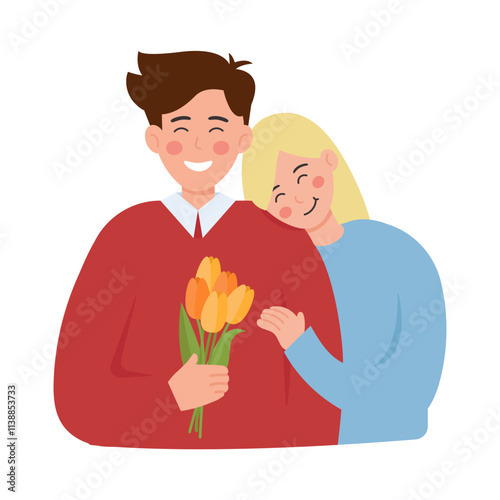 Happy couple with flowers in flat style. Vector illustration for greeting card, Valentine's Day design and web. Isolated on white background.