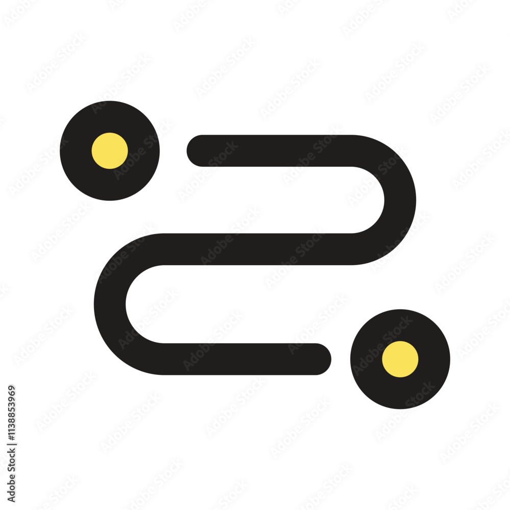 A minimalist pixel art piece showing a curved black line connecting two golden dots.