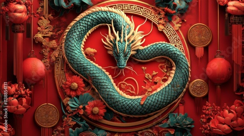 Wallpaper Mural An Elegant Teal Dragon Amidst Festive Chinese Decor Torontodigital.ca