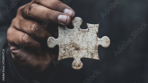 Close-up of a hand holding a single, dirty, aged jigsaw puzzle piece. photo