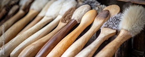 Traditional Asian wooden utensil with mare's milk kumis or camel milk - fur coat for sale in a street store photo