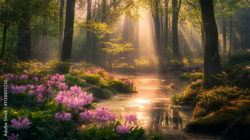 Obraz premium Sunlit creek flows through flower filled forest.