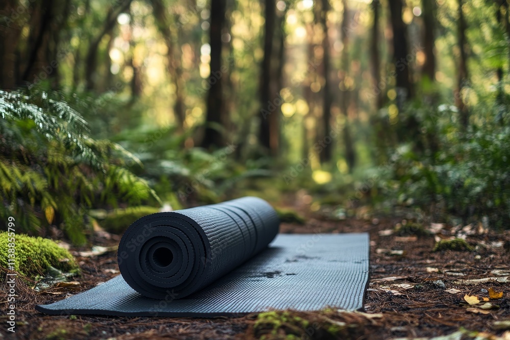 Obraz premium Rolled mat rests on forest floor.