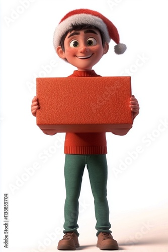 Delight young man in a red holiday hat with huge wrapped box in hands. Jolly noel digital sculpture. Santa claus fun. Merry christmas joy. Merry christmas art. Santa claus illustration.