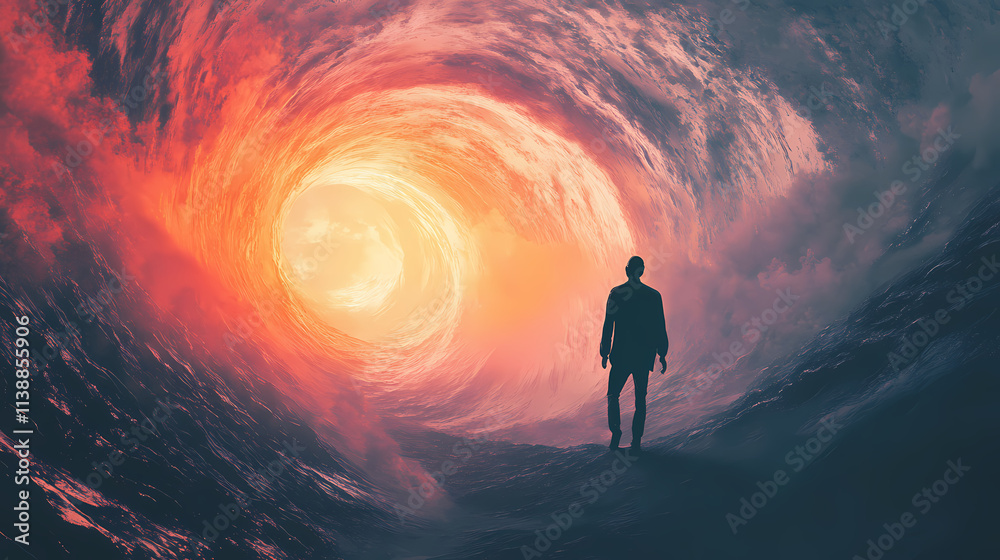 Obraz premium Solitary figure stands at the edge of a dimensional vortex. Vortex. Illustration