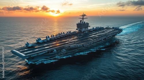 Aircraft carrier on the sea. Military warship with beautiful sunset at the background