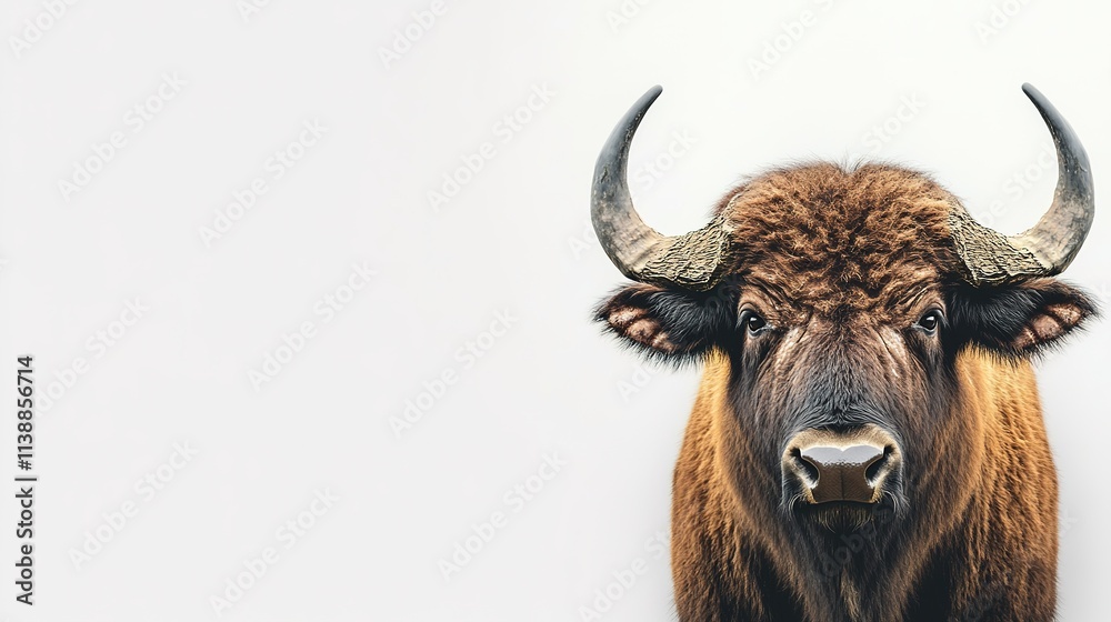 Staring European bison with majestic horns on white background. Staring European bison with majestic horns on white background.