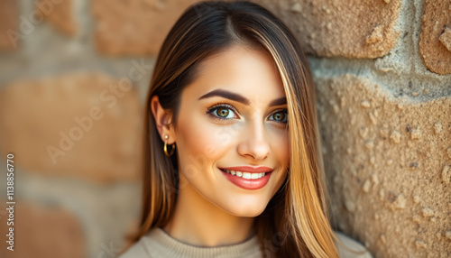 A beautiful woman with long hair and red lipstick smiles warmly at the camera, creating a vibrant and confident portrait.