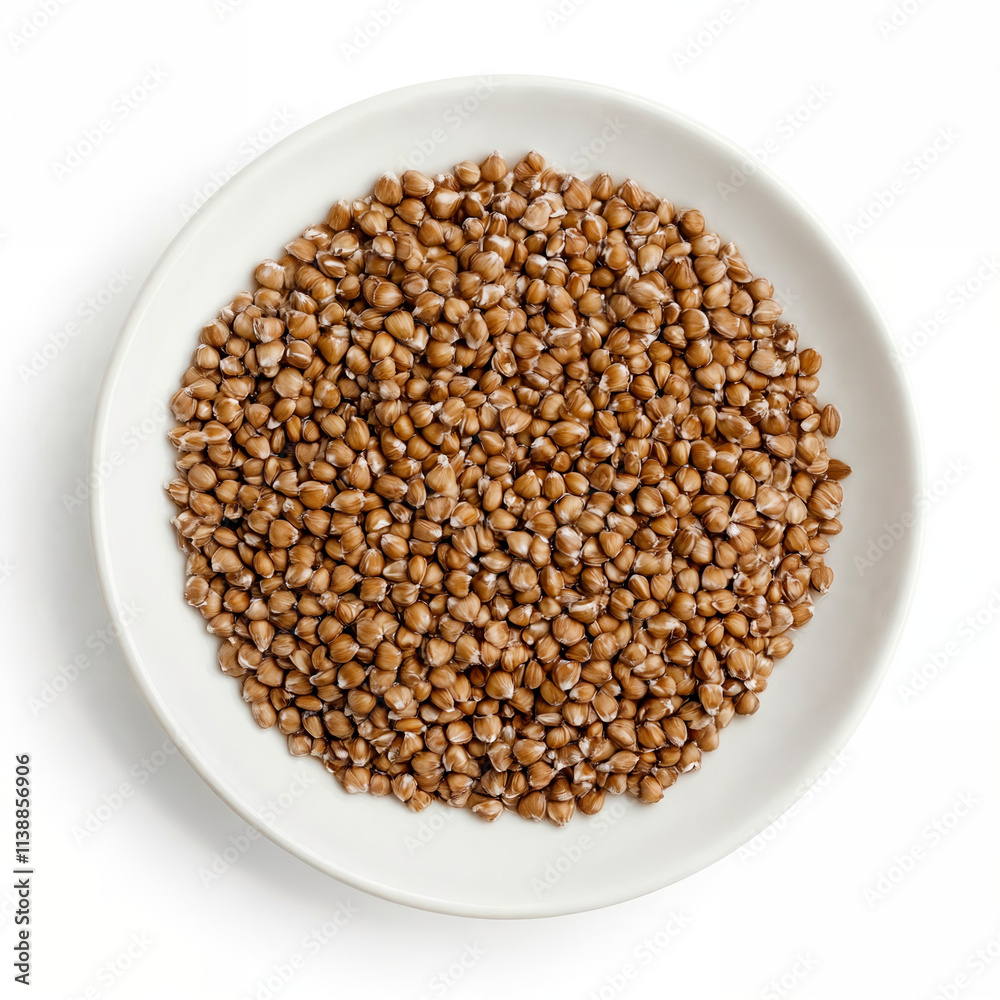 Dry buckwheat groats uncooked in a white plate on an isolated white background, top view Dry buckwheat groats uncooked in a white plate on an isolated white background, top view
