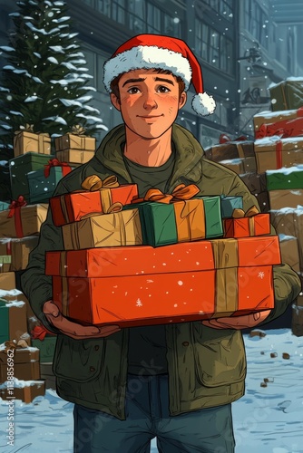 Joy young man in a red holiday hat with huge present box in hands. Cheerful yuletide cgi art. Young christmas decor. Adult santa surprise. Christmas adult party. Christmas santa animation.