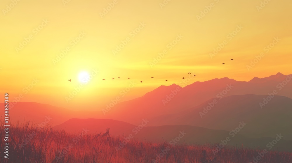 Obraz premium Sunset mountains with flying birds in orange yellow sky.