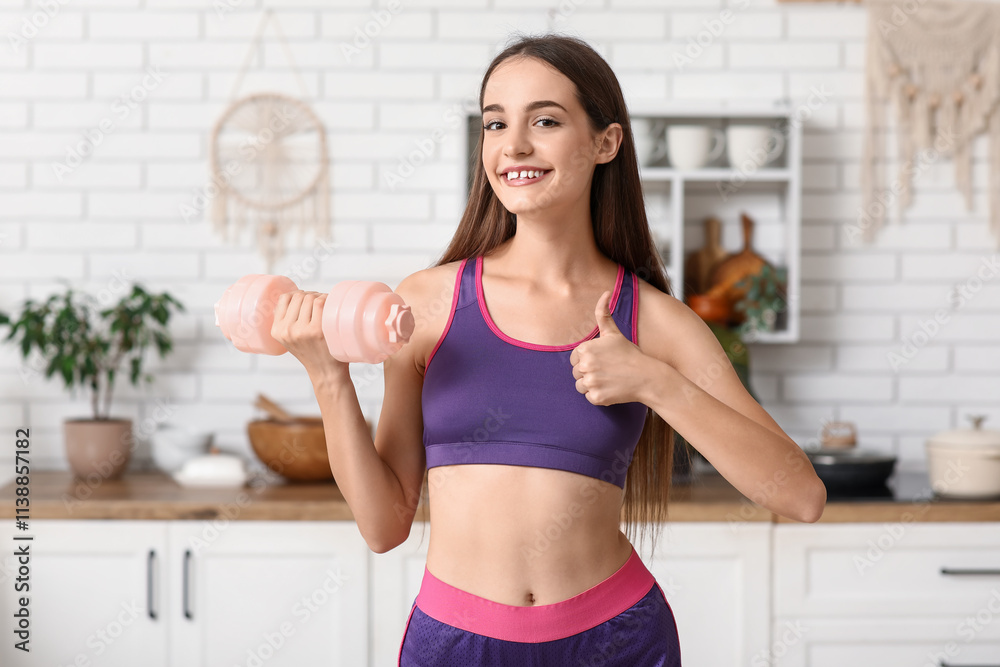 Sporty young woman with dumbbell showing thumb-up in kitchen. Diet concept Sporty young woman with dumbbell showing thumb-up in kitchen. Diet concept