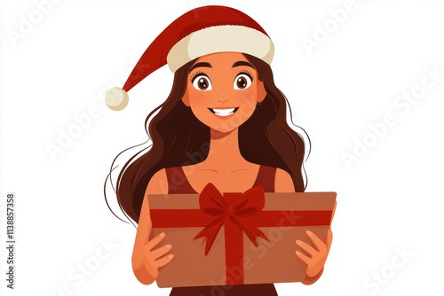 Delight young woman in a red red hat with huge present box in hands. Happy xmas cgi art. Santa claus gift. Santa claus magic. Young santa joy. Young holiday fun. Christmas hat joy. Gift bo.