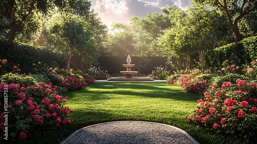 Grand classical garden large manicured lawn bordered blooming roses ivycovered stone walls A winding gravel path leads to a garden statue and classical fountain creating a timeless elegant atmosphere photo