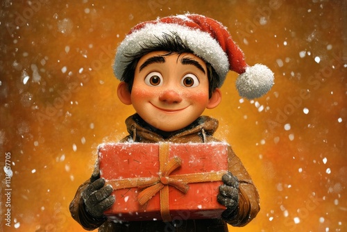 Lively yule 3d art. Joyful adult human man in a red holiday hat with huge package in hands. Merry xmas fun. Santa claus joy. Santa claus hat. Merry christmas graphics. Gift box open.