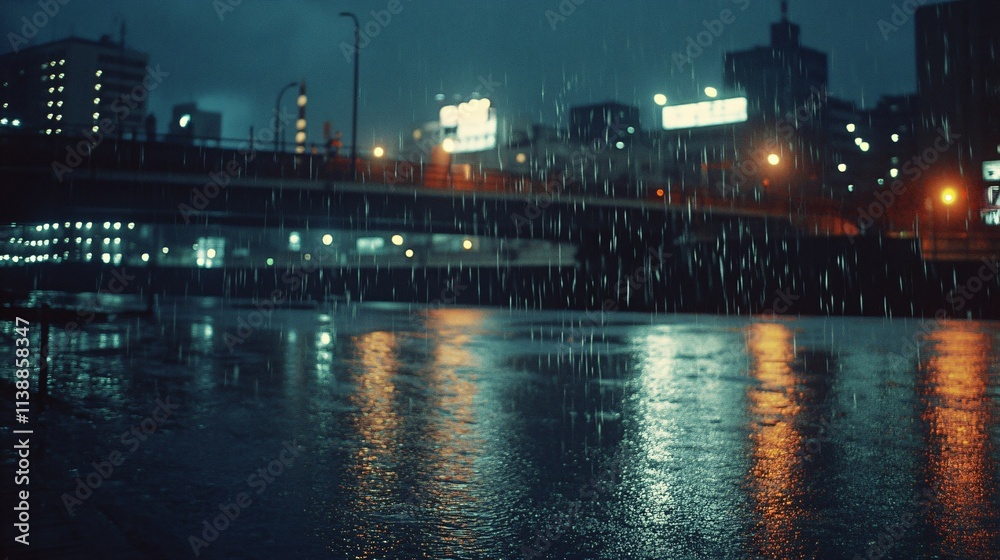 Fototapeta premium Rainy Night Cityscape Reflections City Lights