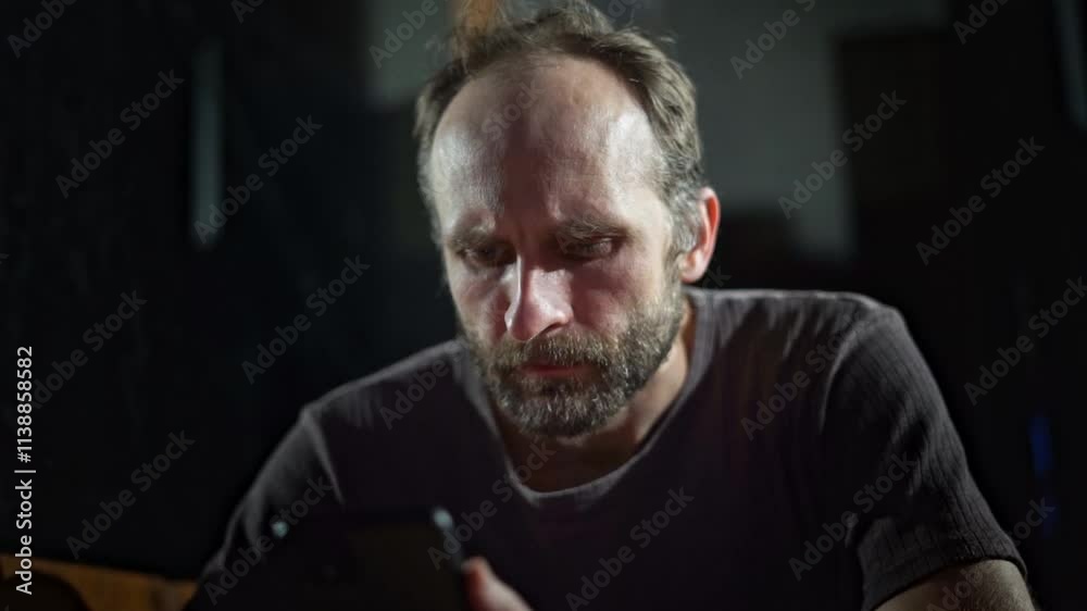 A middle-aged man with a beard and a serious expression is closely focused on a smartphone screen. The soft lighting highlights his face and creates an engaging, introspective mood A middle-aged man with a beard and a serious expression is closely focused on a smartphone screen. The soft lighting highlights his face and creates an engaging, introspective mood