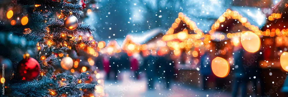 Christmas banner. Christmas Market: Vibrant scenes from bustling Christmas market with twinkling lights and festive stalls Christmas banner. Christmas Market: Vibrant scenes from bustling Christmas market with twinkling lights and festive stalls