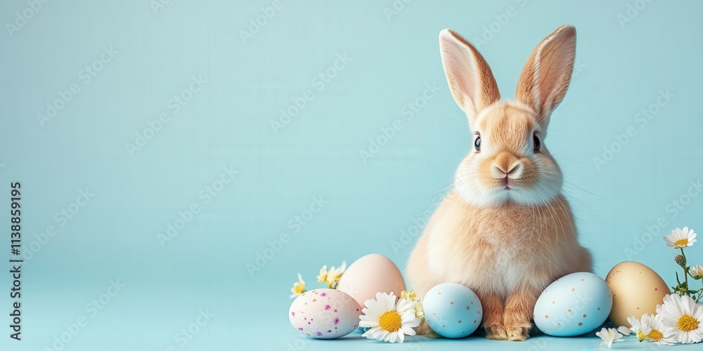 Cute Brown Bunny with Painted Easter Eggs and Flowers on Blue Background Cute Brown Bunny with Painted Easter Eggs and Flowers on Blue Background