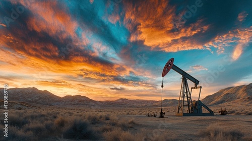 Oil pump jack at sunset in desert landscape.
