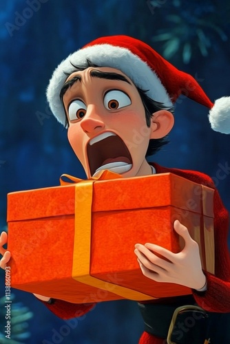 Joy young man in a red christmas cap with huge package in hands. Cheerful yule 3d render. Adult christmas party. Gift box decor. Young christmas scene. Santa claus fun. Merry xmas greeting.