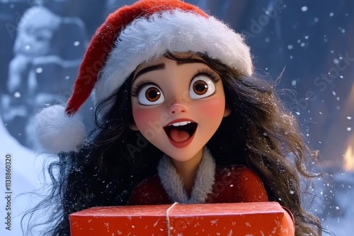 Elation young woman in a red red hat with huge parcel in hands. Joyful festive time season 3d model. Hat and beard. Adult santa costume. 3d christmas surprise. Christmas santa party.