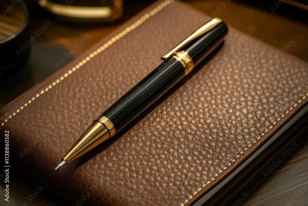 Gold-accented pen rests on brown leather notebook. Gold-accented pen rests on brown leather notebook.