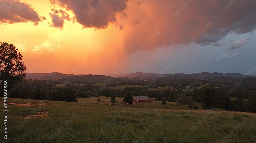 Dramatic sunset over rural landscape with barn. Dramatic sunset over rural landscape with barn.