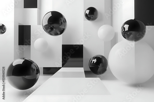 Abstract 3D Geometric Shapes such as Spheres and Cubes with Bold Colors. photo