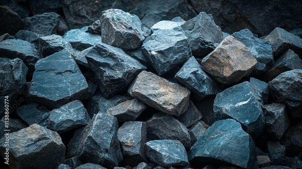 Close-up of dark rocks in a rockfall with various textures and shades Close-up of dark rocks in a rockfall with various textures and shades
