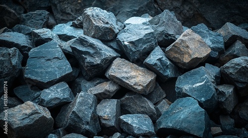 Close-up of dark rocks in a rockfall with various textures and shades photo