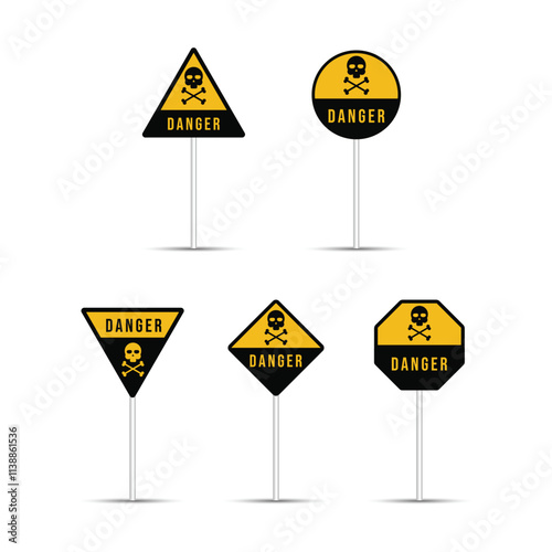 Skull and crossbones danger road sign isolated on a white background. Caution billboard of poison, toxic, chemical, and electricity. Five different shapes of danger and warning traffic sign.