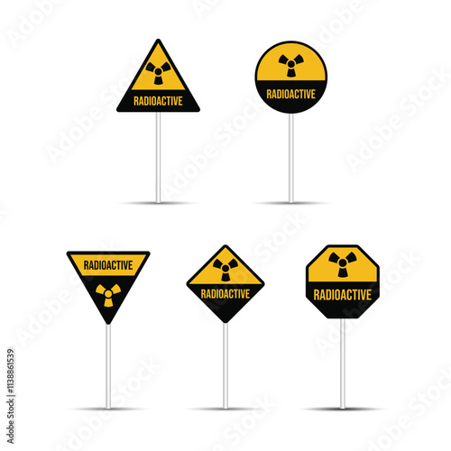 Radioactive area road sign with a silver pole is isolated on a white background. Atomic, nuclear, and radioactive zone billboard design. Radiation hazard and nuclear icon vector for traffic sign.