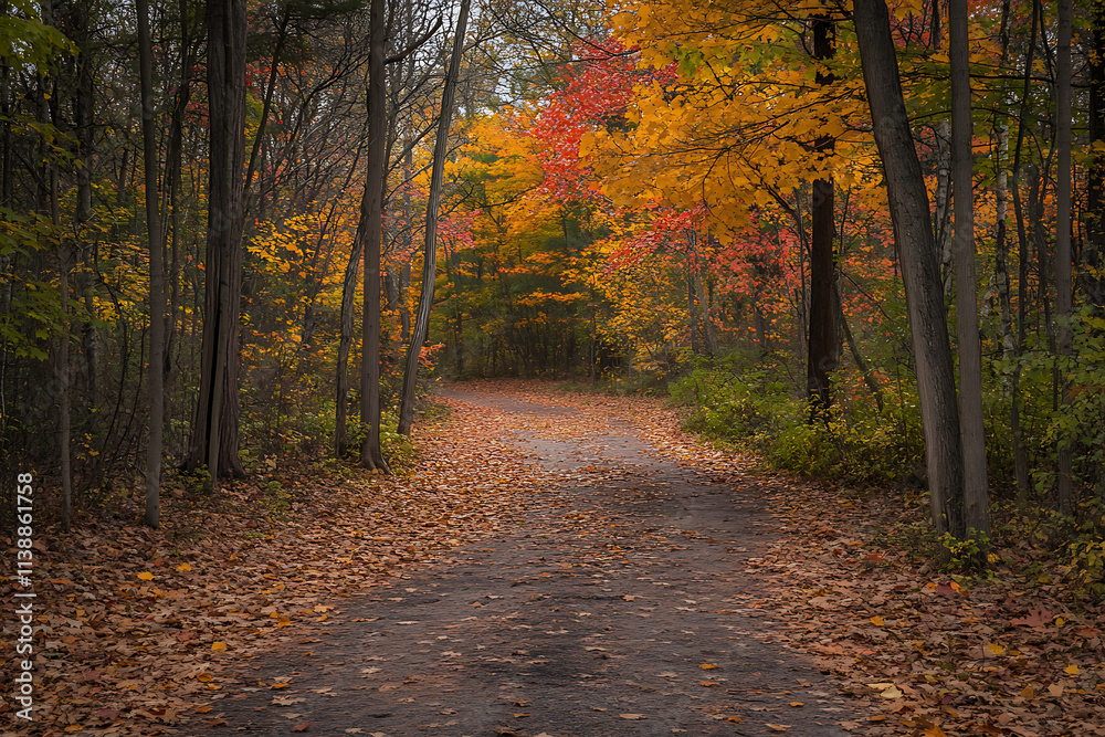 Obraz premium An Enchanting Autumn Forest Path Lined with Vibrant Red and Orange Leaves.