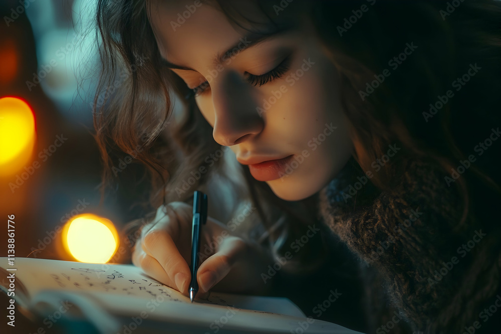 Obraz premium A young woman lost in thought, writing in a notebook by warm candlelight