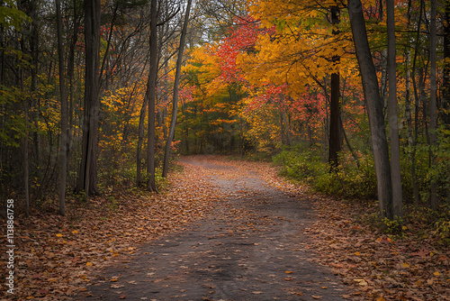 An Enchanting Autumn Forest Path Lined with Vibrant Red and Orange Leaves. photo