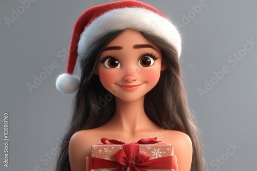 Jolly yuletide 3d model. Joyful young woman in a red holiday hat with huge present box in hands. Merry christmas banner. 3d gift box. Santa's sleigh illustration. Gift box animation.